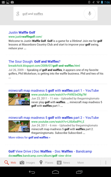 Spoken Search Results for Golf and Waffles